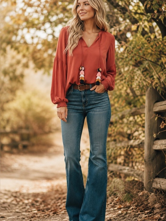 Show Me Your MuMu Tops - Show Me Your Mumu Rust Boho Tassel Tie Blouse XS Bell Sleeve